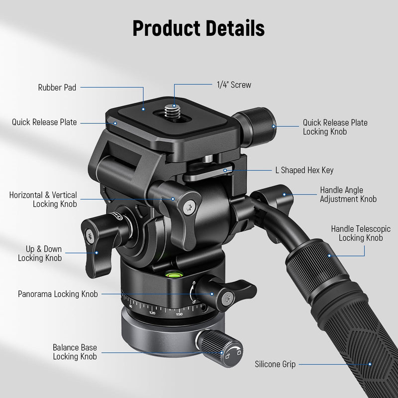 NEEWER Tripod Fluid Head with ±10° Leveling Base (43mm Dia.) Vertical/Horizontal Shooting Switch, Compact Metal Pan Tilt Video Head with Arca QR Plate, Telescopic Handle, Max Load 9.9lb/4.5kg, GM30