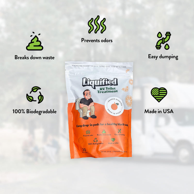 Liquified RV Toilet Treatment Drop-Ins - Prevents Tank Odors - Breaks Down Waste and Tissue - Septic Tank Safe - Matts RV Reviews - Orange Scent - 20 Treatments (20 1oz pods) 20 Count (Pack of 1)
