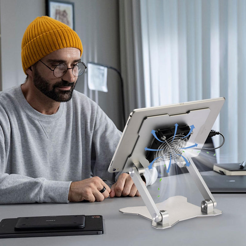 Surface Pro Stand, iPad Cooler,Aluminum Cooling Pad,Sturdy Tablet Stand Holder with Quiet Fan for Microsoft Surface Tablets,iPad Series,Samsung Galaxy Tabs-Up to 15-in Tablets Silver