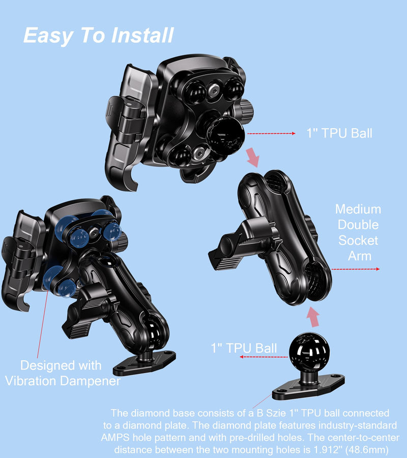 LOKTENWO Phone Mount Holder with Vibration Dampener, Quick Lock Shockproof | No Block Camera Phone Holder, Aluminum AMPS Diamond Base for Car UTV Truck Boat, Fits 5.4"-7.2" Phones