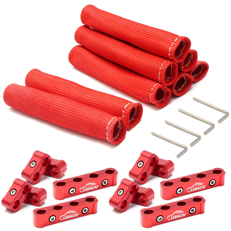 Red 8Cyl Spark Plug Heat Shield Protector and 12pc Engine Separator Insulating Fire Sleeve Wire Protector with Divider Suit for 8mm 9mm 10mm 18PCS Red