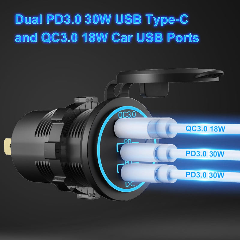 Marine Boat Switch Panel Waterproof, 5 Gang Marine Rocker Switch Aluminum Panel with 3 Port 66W 12V USB Outlet Car Charger, 150W Cigarette Lighter Socket and Blue LED Voltmeter for Truck Car RV, etc.