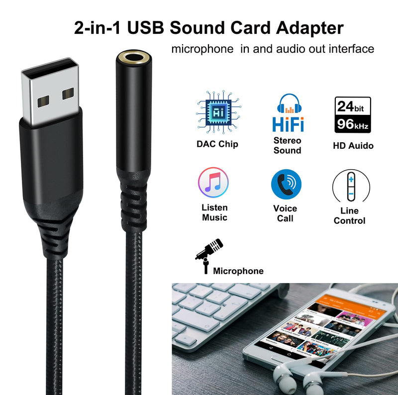 DCHAV USB to 3.5mm Jack Audio Adapter Headphone Microphone External Sound Card AUX USB Type A to 3.5 mm Cable 4 Pole TRRS Female Interface Line Control for PC Laptop Speaker Headset PS4 PS5, Black
