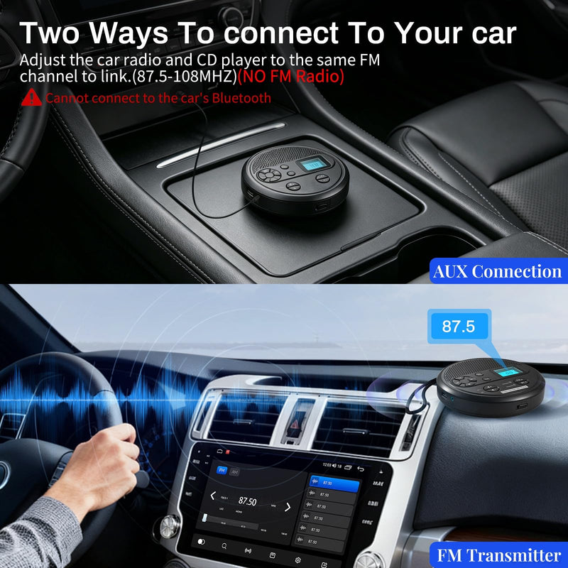 Portable CD Player with Bluetooth, FM Transmitter, USB, AUX, Timer | Rechargeable CD Player with Anti-Skip, Stereo Speakers, LCD Display, Includes Headphones for Use at Home or in Car, Black