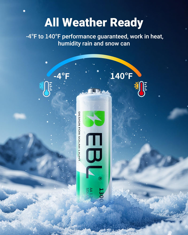EBL Solar AA Battery Rechargeable Batteries for Outdoor Solar Lights, 1300mAh NIMH Pre-Charged 1.2V Recharge up to 1200x Times for Garden Landscaping String Lights, Pack of 12 12 AA Count