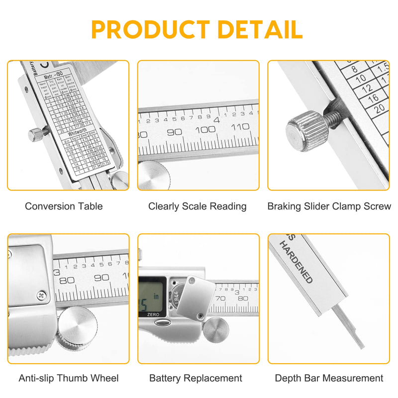 Digital Caliper, Sangabery 6 inch Stainless Steel Caliper Measuring Tool with Inch/Metric/Fractions Conversion and Large LCD Display, Perfect for DIY, Household and Professional Use 20-F
