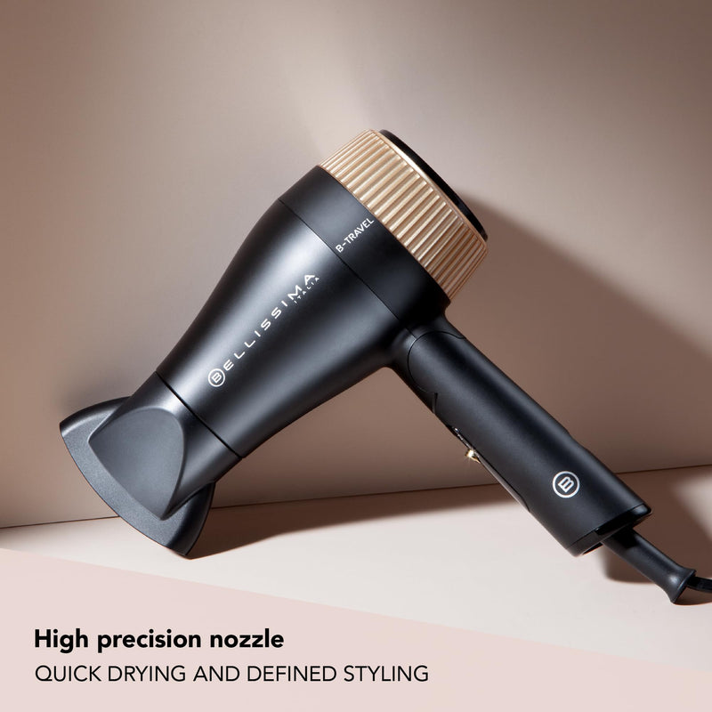 Bellissima B Travel Hair Dryer – Premium Mini, Fast, Light Dryer for Women and Men, Foldable, Compact, 2 Heat Settings, Luxury Travel Bag Included, Worldwide Use, 1400W Dual Voltage Hair Dryer with folding handle