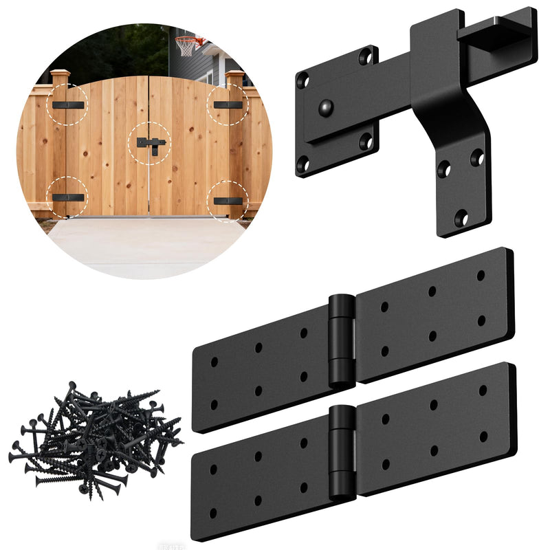 Fence Gate Hinges and Latch Set Heavy Duty -Black 270 Degree Strap Hinge & Adjustable Latch Kit for Outdoor,Garden,Backyard,Barn,Shed Wood Doors -Rust-Resistant Farm Gate Hardware with Screws 1