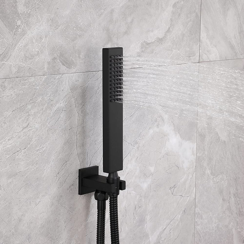 Asyas Solid Brass High Pressure Hand Held Shower Square Sprayer Head with Fixed Elbow Wall Connector Shower Holder and Hose Set Matte Black Black handheld set
