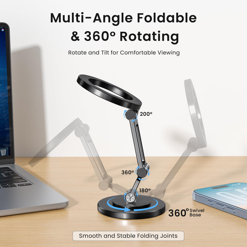 Itramax Magnetic Phone Holder for Magsafe,360° Rotatable iPhone Stand Mount | Dual Sided Ring Smartphone Holder for Desk with Non-Slip Base for iPhone 17 16 Plus 13 12 11,Pixel 9 8,Samsung,Office,Kitchen 360°Rotating - Black