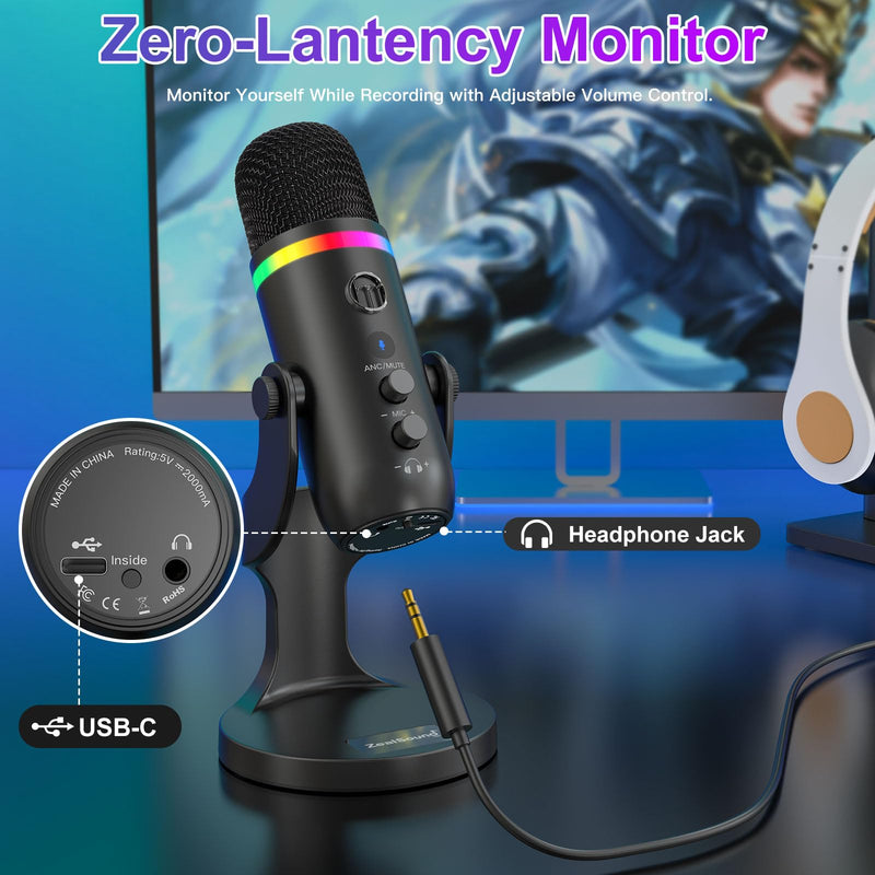 ZealSound USB Microphone for iPhone,Noise Cancellation Condenser mic with Touch Mute,Gain,Echo,Monitoring,RGB for iPad,PC,Podcast,Streaming,Twitch,YouTube,Discord,Computer,PS4,PS5,Mac,GamerWave K66