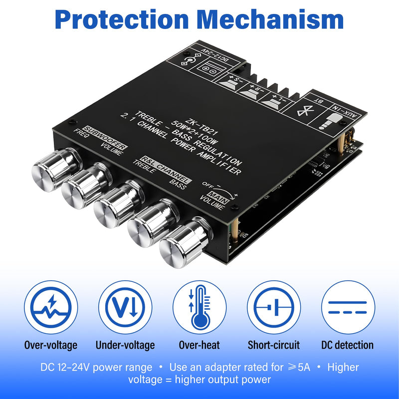 ZK-TB21 2.1 Channel Bluetooth Amplifier Board – 50W×2 + 100W Subwoofer, APP Control, Treble/Bass & Subwoofer Freq Adjustment, TPA3116D2, DC 12-24V, BT 5.0/AUX for DIY Home Speakers 50w*2+100w AMP