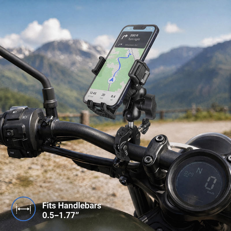 Aluminum 1" Ball Clamp Mount Base with Short Double Socket Arm, Fits Handlebar Rails 0.5 to 1.77" in Dia, Compatible with RAM Mounts and Motorcycle/Bike Phone Holder