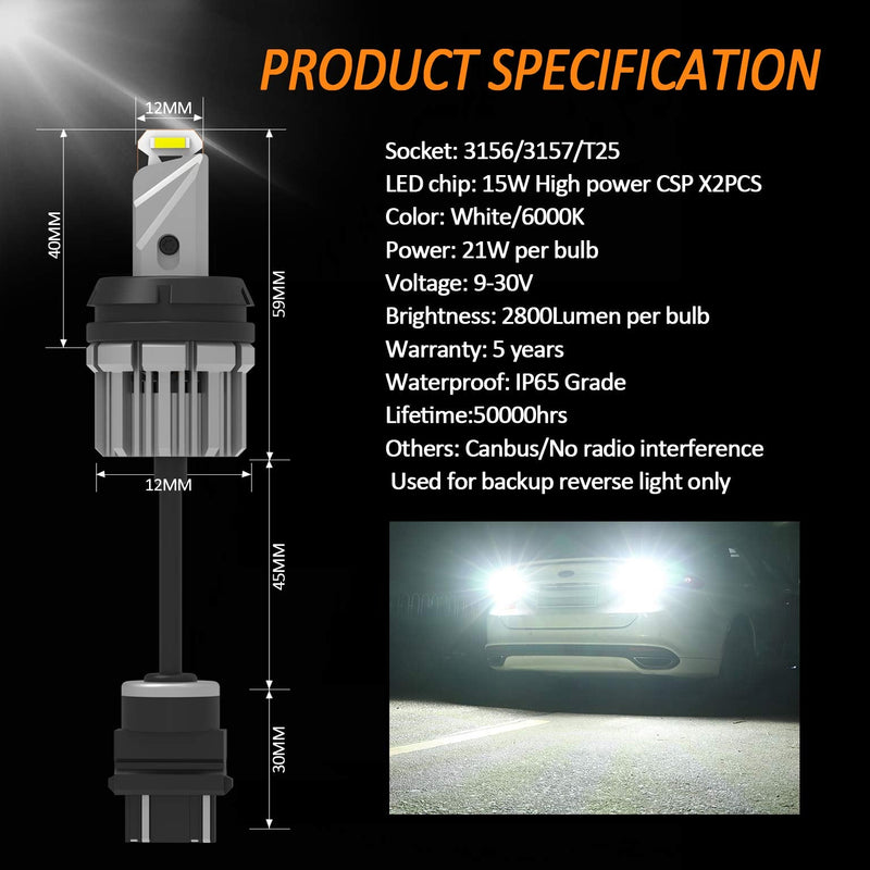D-Lumina 3156 3157 LED Backup Reverse Light Bulbs, 5600 Lumens 21W 2-SMD CSP Chips 3056 3057 3457 4157 LED Bulbs For Car Truck Reverse Light, Canbus Error Free, Plug ＆ Play, 6000K White (Pack of 2) 3157/3156 Reverse Light Bulb