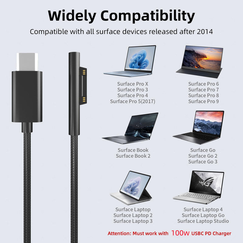 PD100W Surface to USB C Charging Cable Compatible with Surface Pro Laptop Microsoft Surface Pro 10/9/8/7+/7/6/5/4/3/X Windows Surface Go 6/5/4/3/2 Tablet Surface Book Support 65W/45W,2-Pack 6FT 2