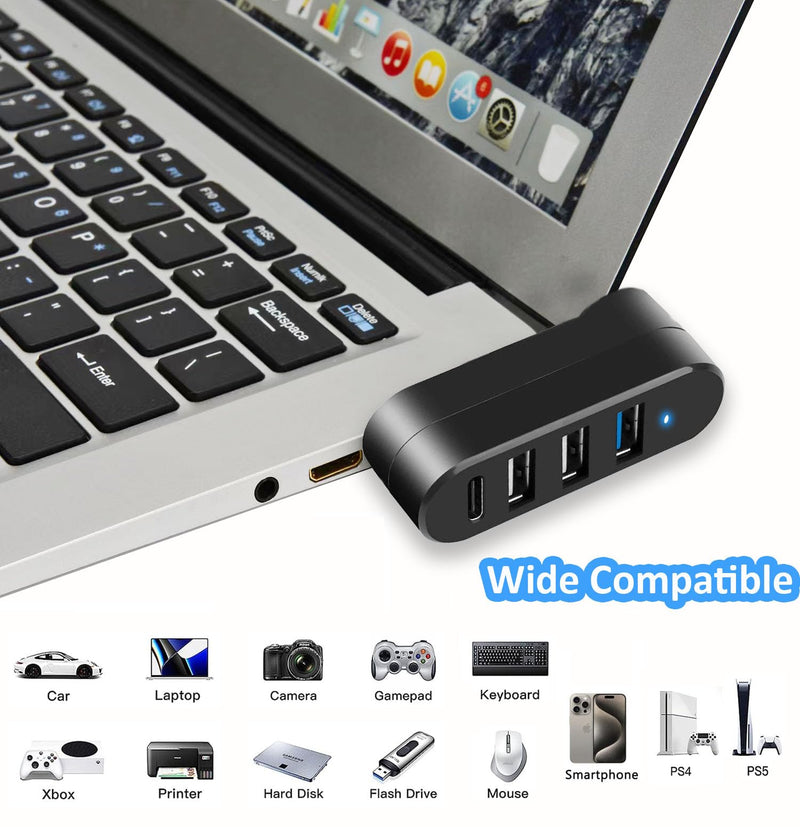 USB 3.0 Hub [90°/180° Degree Rotatable], 4-Port USB Splitter Extender with 3 USB Ports & 1 USB C Power/Data Port, USB Hub for Laptop, Car, MacBook Pro/Air/Pro USB Hub 4-Ports