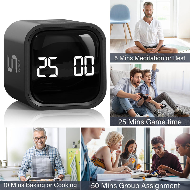 Rotating Pomodoro Timer 5, 25, 10 50 Minutes Preset, Desk Productivity Timer w/Gra vity Sensor, ADHD Tool Cube Countdown, Custom Modes, for Work, Study, Back to School, Kitchen, Black, 2 Pack 2 Pack Black