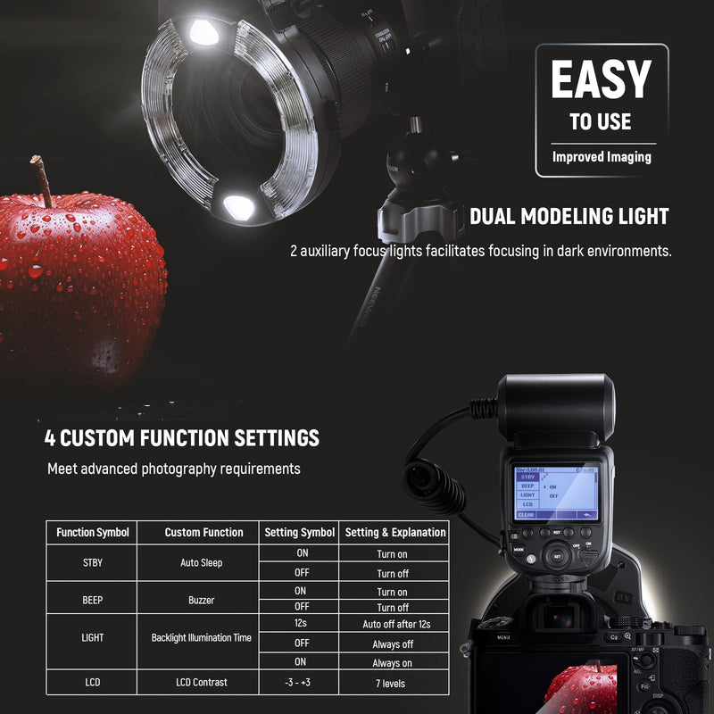 NEEWER RF1-S Marco Ring Flash Light Compatible with Sony Camera, 76Ws GN15 5600K TTL Lighting, 1-1/128 Output Front/Rear Curtain Sync Color Gels Lens Adapter Rings for Macro Photography Studio Photo for Sony