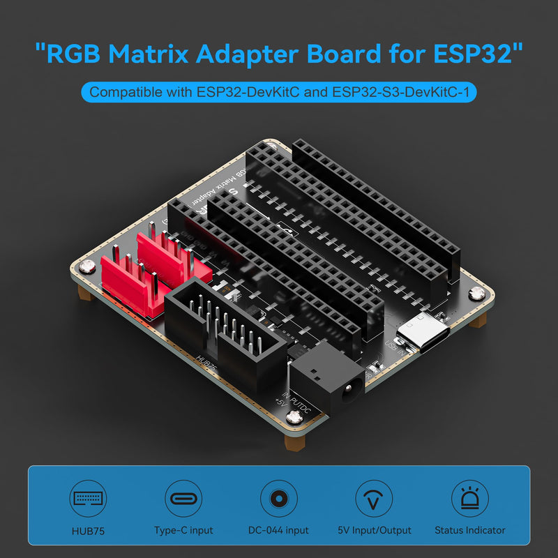 RGB Matrix Adapter for ESP32-DevKitC, HUB75 5V | Gold-plated edge, dual 5V power inputs (Type-C/DC-044), dual VH-4P outputs, HUB75 interface, ESD protection