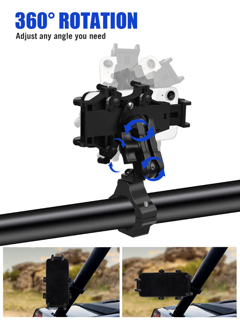 UTV Phone Holder, Aluminum Alloy Heavy Duty Cell Phone Mount for UTV/SXS,360° Adjustable Mounting Bracket Fits 1.75”-2” Roll Cage, 8 Claws Tightly Hold iPhones or 4.7”-7.1" Devices