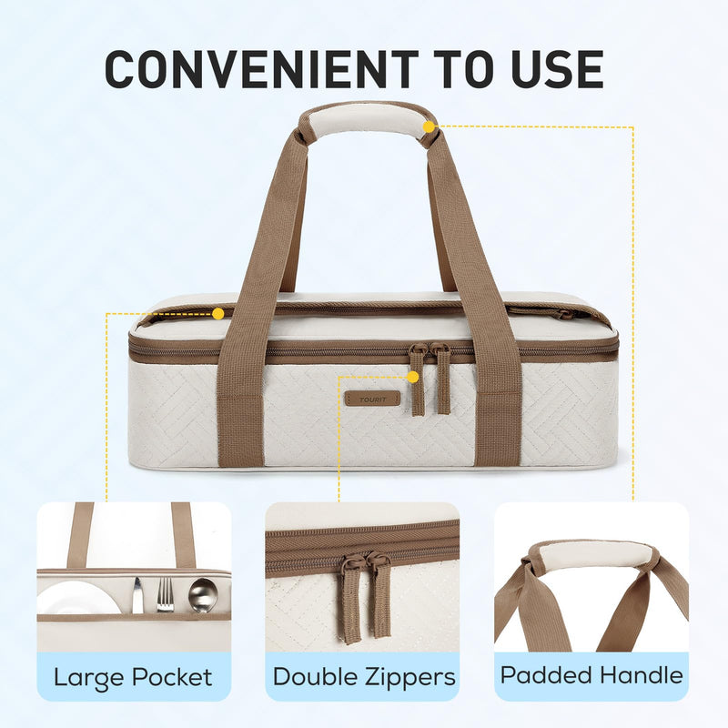 TOURIT Insulated Casserole Carrier for Hot or Cold Food Thermal Food Carrier for Picnic Cookouts Potluck Parties Fits 9" x 13" Baking Dish Beige Standard 16.93 x 11.02 x 4.72inch