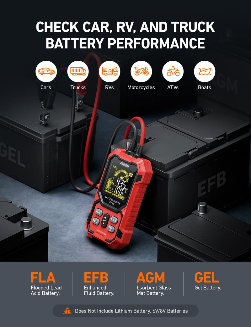 AstroAI Car Battery Tester, 12V/24V Digital Automotive Meter Diagnostic Tool Accurate,100-2000 CCA Load Capacity, Alternator Analyzer, for Preventive Maintenance Truck, RV, Marine Vehicle, and More