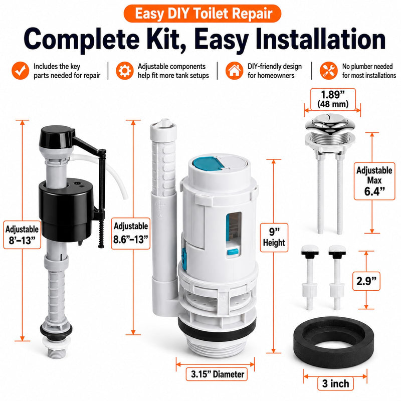 3 Inch Dual Flush Valve Replacement Kit for 2-Piece Toilets, Compatible with Glacier Bay, Toto, WaterRidge, AquaSource& More, Complete Toilet Repair Kit to Fix Leaks, Weak Flush & Wobbling (3 inch) 3 Inch