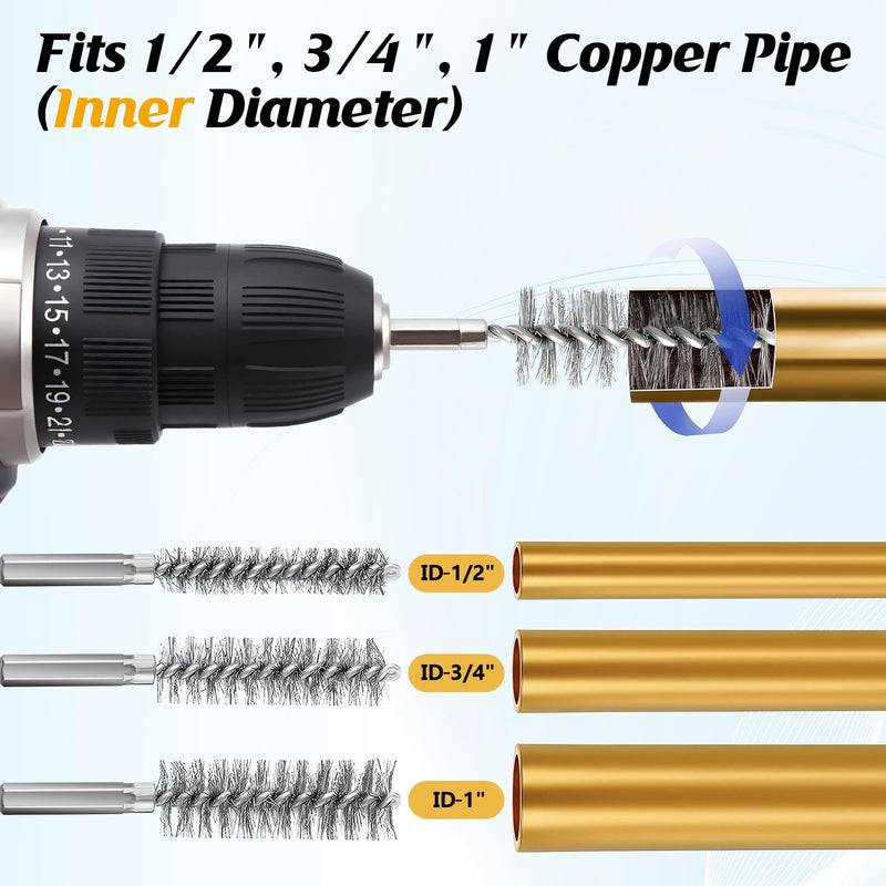 Copper Pipe Cleaner for Drill Set Includes External Stainless Steel Wire Bore Brushes, Internal Tube Cleaning Brushes, Replacement Plumbing Tools (1/2", 3/4", 1",Blue) Blue 1/2", 3/4", 1"