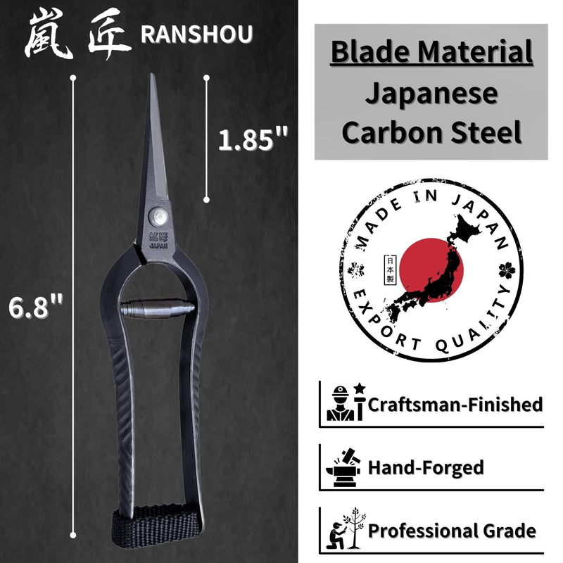 Bonsai Trimming Scissors 6.8" Made in JAPAN, Garden Plant Trimming Shears, Hand Forged Japanese Carbon Steel Blade, Spring Loaded Handle, Black 6.8" Trimming