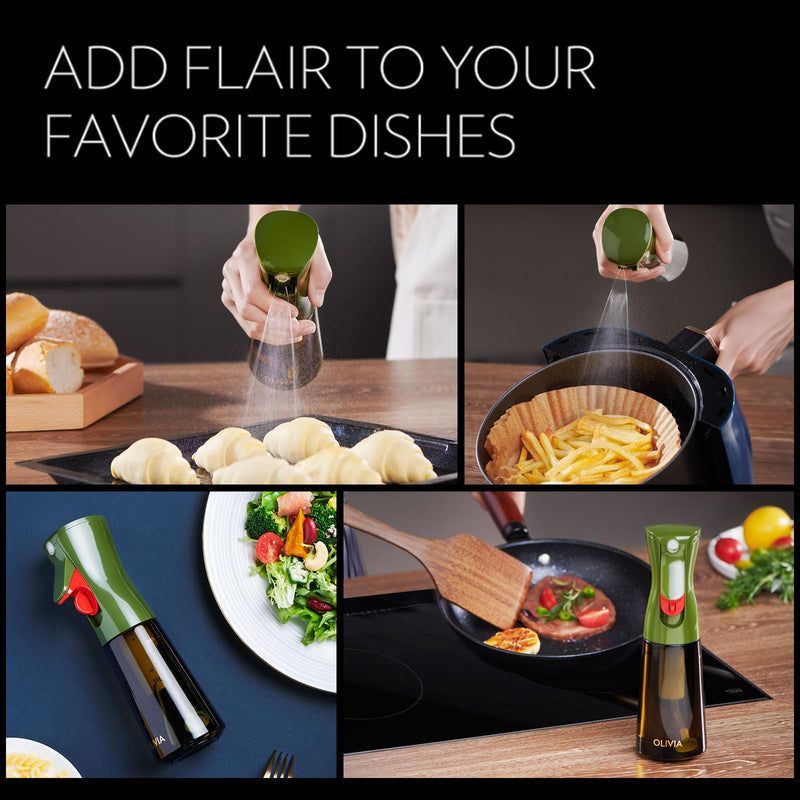 FLAIROSOL OLIVIA Oil Sprayer for Cooking, 200ml Glass Olive Oil Sprayer, Continuous Cooking Spray with Portion Control, Oil Dispenser for Kitchen, Air Fryer, Salad, BBQ (Green Bottle, Gold Print) 1 Pack Green