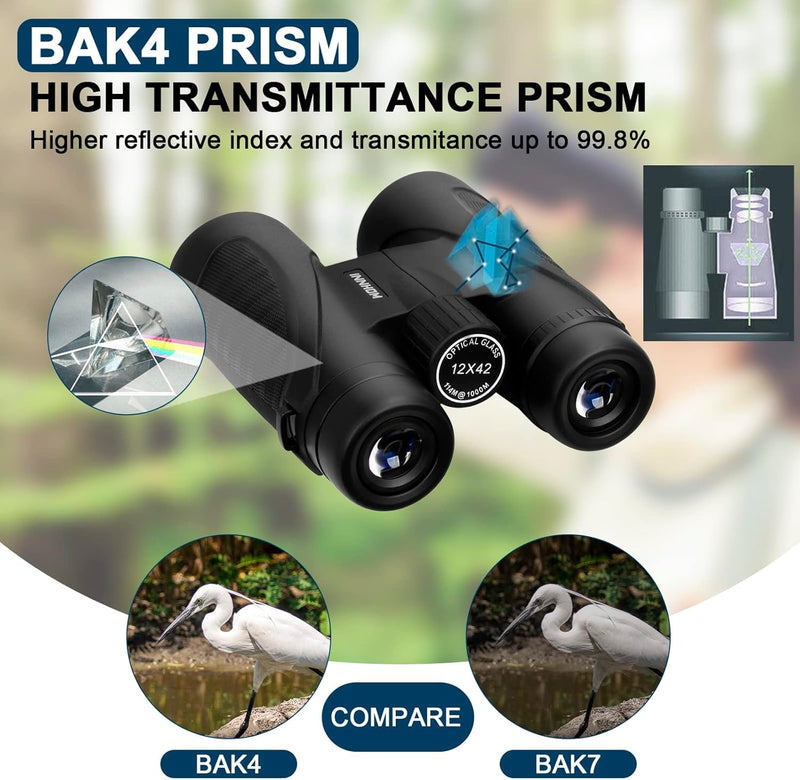 12x42 HD Waterproof Binoculars for Adults, Compact Binocular for Bird Watching (Black) | High Powered Binoculars BAK4 Prism FMC Lens, Binoculars for Hunting, Bird Watching, Travel Sports World Cup Games, Black