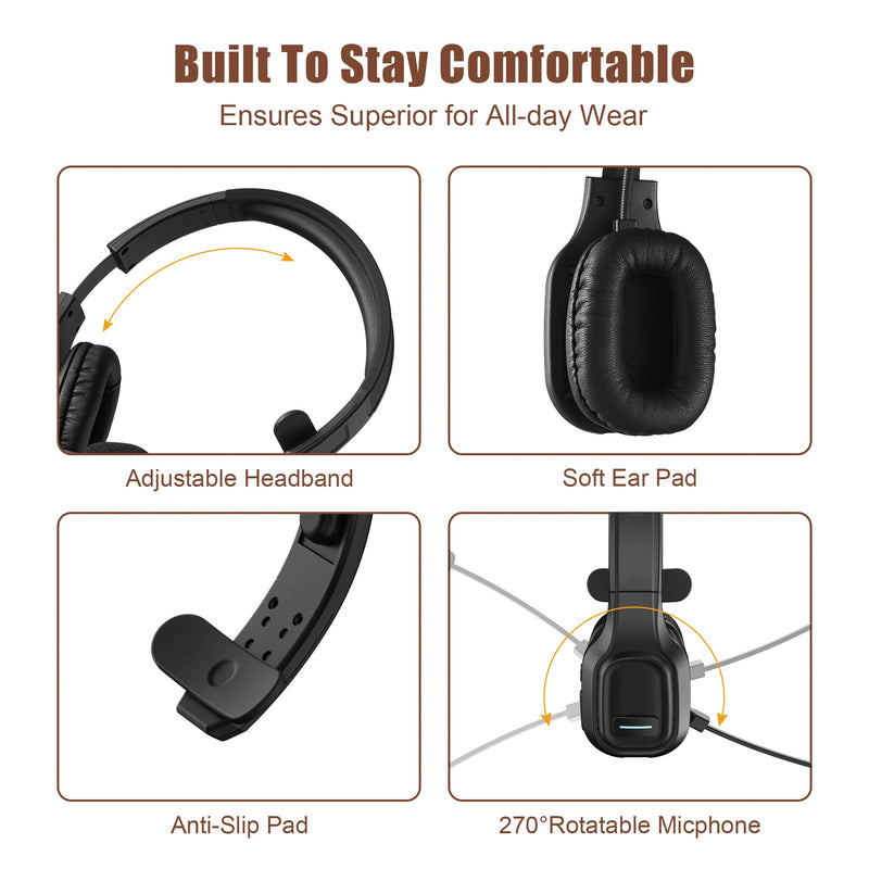 Trucker Bluetooth Headset V5.0, Wireless Headset with Noise Canceling&Mute Microphone for Cell Phones, On Ear Bluetooth Headphone for Computer, Zoom Meetings, Skype, Home Office BH-M100