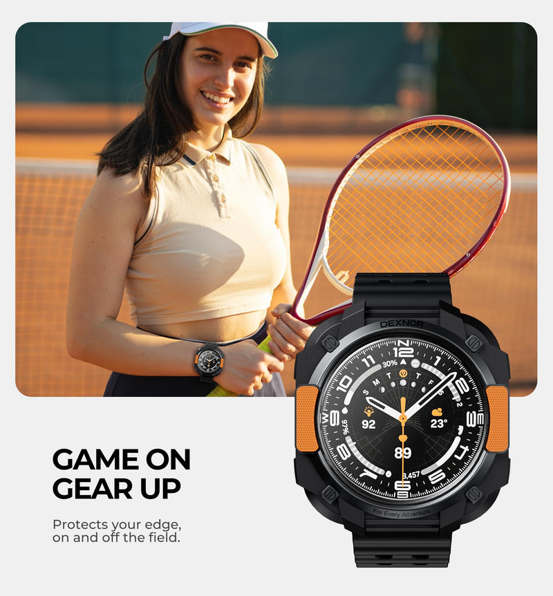 DEXNOR Case for Samsung Galaxy Watch Ultra 47mm 2025/2024, Durable Shockproof TPU Bumper Cover for Outdoor Adventure，Black Orange black-orange