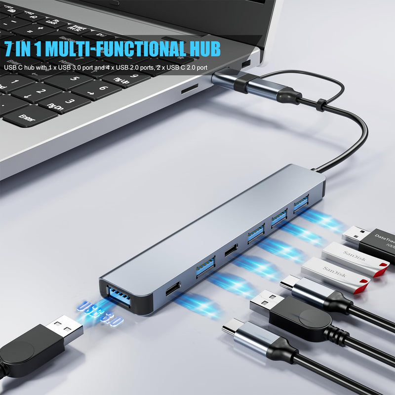 Aluminum 7 in 1 USB C Hub with USB 3.0,7 Ports with 2* USB-C and 5* USB-A, Ultra Slim Portable USB Splitter Adapter for Laptop, PS4, Flash Drive, HDD, Xbox, Printer, Mouse, Keyboard