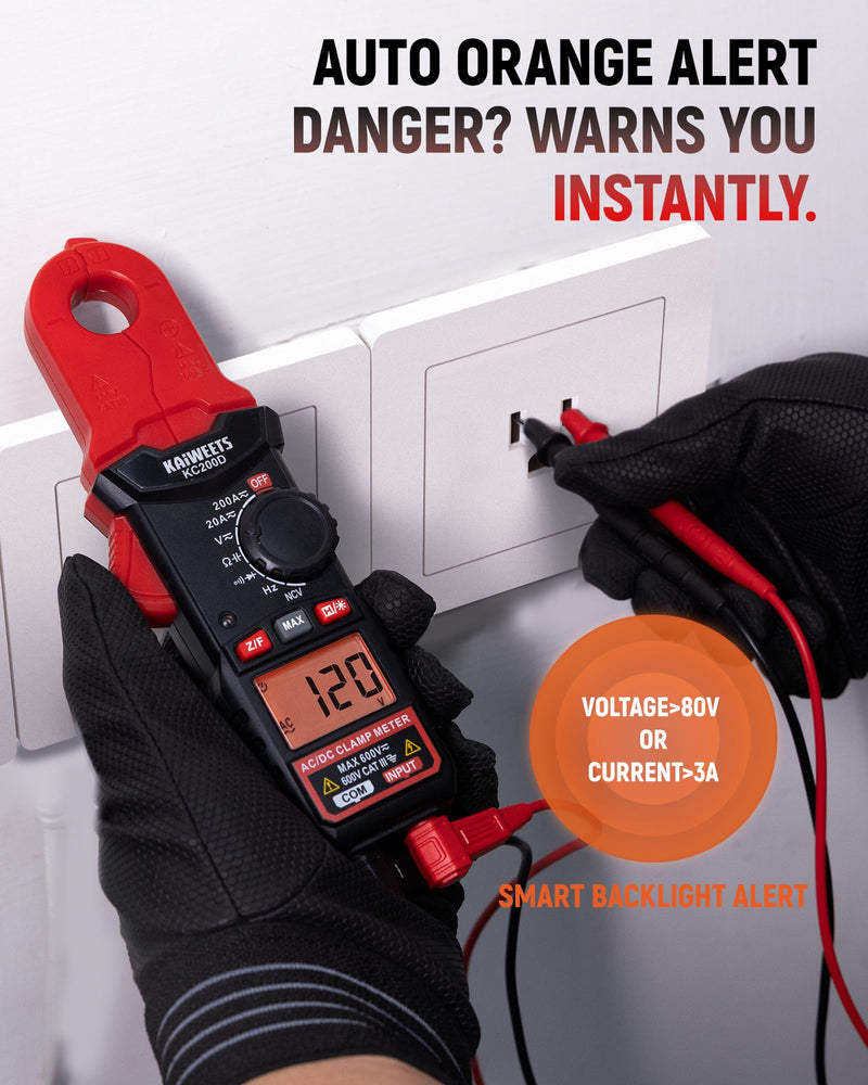 KAIWEETS Digital Clamp Meter with Round Jaw, Automotive Multimeter, NCV, 2000 Counts, Amp Voltmeter, Accuratly Measure AC/DC Current & Volatge, Resistance, Diode, Capacitance, Continuity, Frequency Red