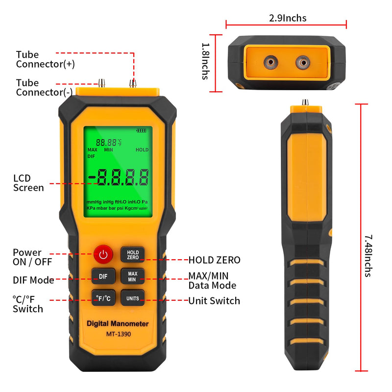 YZT Meter Manometer Air Pressure Meter, Digital Differential Pressure Gauge, HVAC Gas Pressure Meter Dual-Port Manometer Gas Pressure Tester (9v Battery Included)… 1/8 Inches Diameter Port