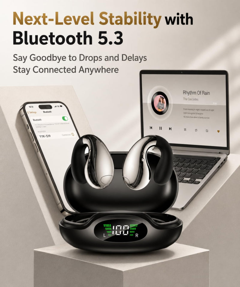 Boytond Ultra Open Ear Earbuds - Ergonomic Clip-On Earbuds, Small Bone Conduction Over-The-Ear Headphones with Waterproof Design, Perfect Running Headphones for Sports and Fitness, Gloss Black