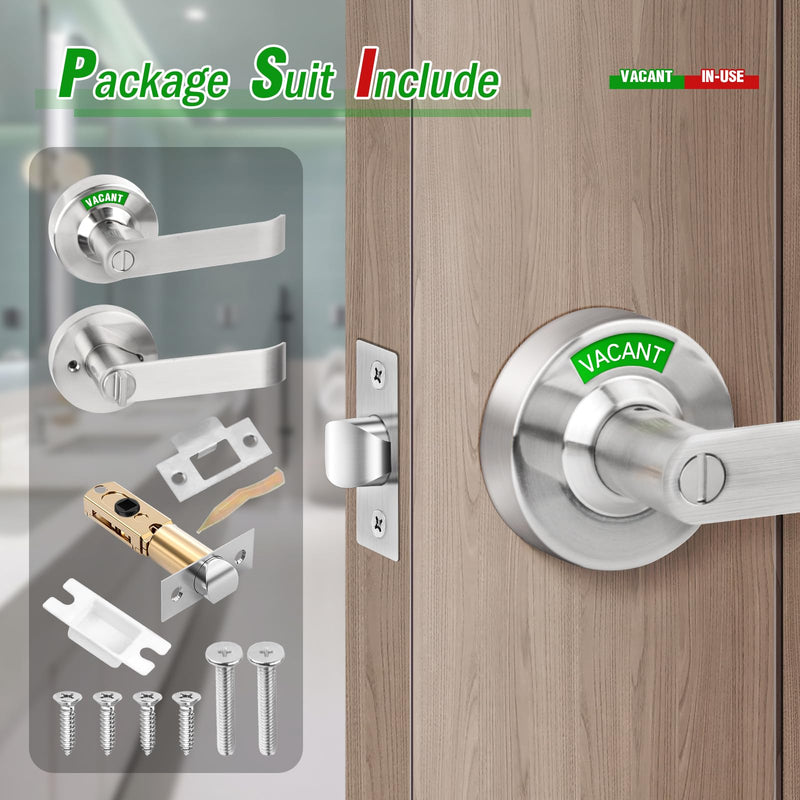 Vacant Occupied Bathroom Door Lock - Stainless Steel Privacy Door Handle with Indicator Sign, Fits 1-3/8" to 2" Door, ANSI Grade2 Commercial Door Locks for Restroom Stall, Office, Gym (Silver) Silver-Door handle