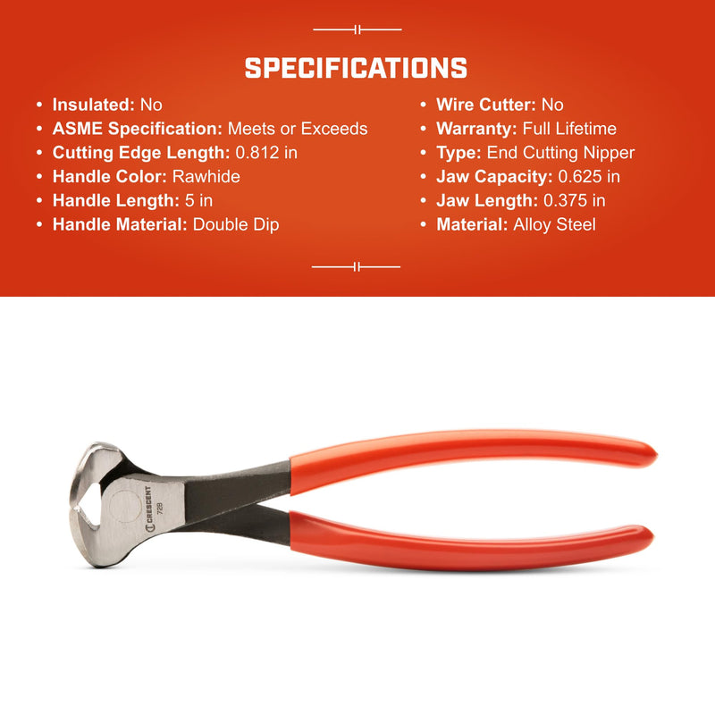 Crescent 8-1/4" End Cutting Nipper Pliers - End Cutting Pliers for General Purpose Use - High Leverage Ratio - Thin Throat - Flush Rivet Size - Dipped Handles - Industrial Grade - 728CVN-05