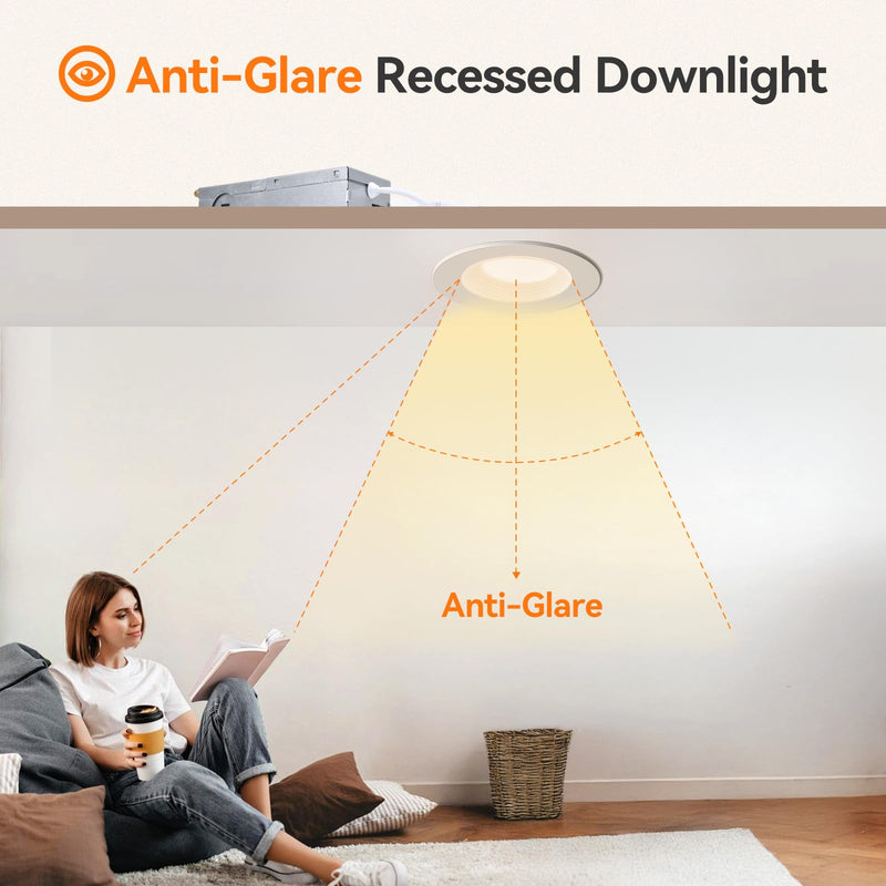3 Inch Anti-Glare Recessed LED Lights with Night Light, Deep Baffle Downlight, Dimmable, 2700K-5000K 5CCT Selectable, with Junction Box, Canless, 680lm, ETL Listed, White, 2-Pack 3 Inch -2 Pack