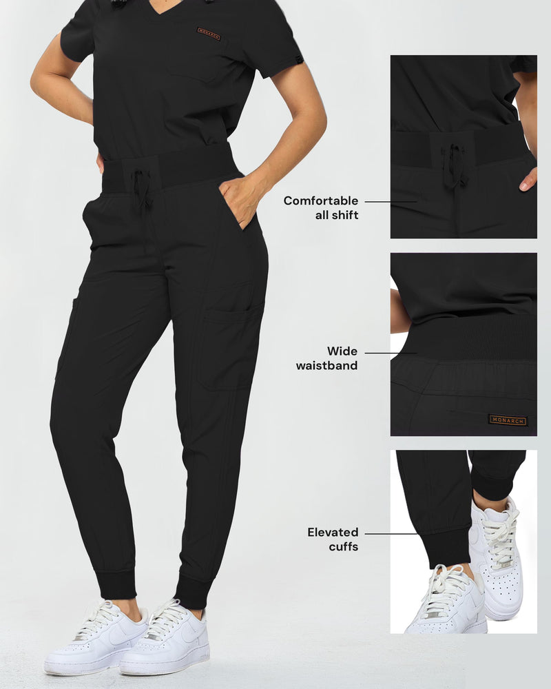 Monarch Uniforms Slim Fit Stretchy Scrubs Women's Jogger Scrub Set Slim Jogger Scrubs with Tuck-In Top for Women Black Medium Regular