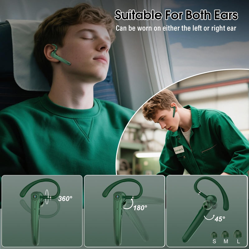 Atheewon Bluetooth Headset, Wireless Bluetooth Earpiece with ENC Noise Canceling Mic, 120Hrs Talk Single-Ear Headphones, LED Display, IPX7, V5.4 Hand-Free Earphone for Business/Trucker/Driver (Green)