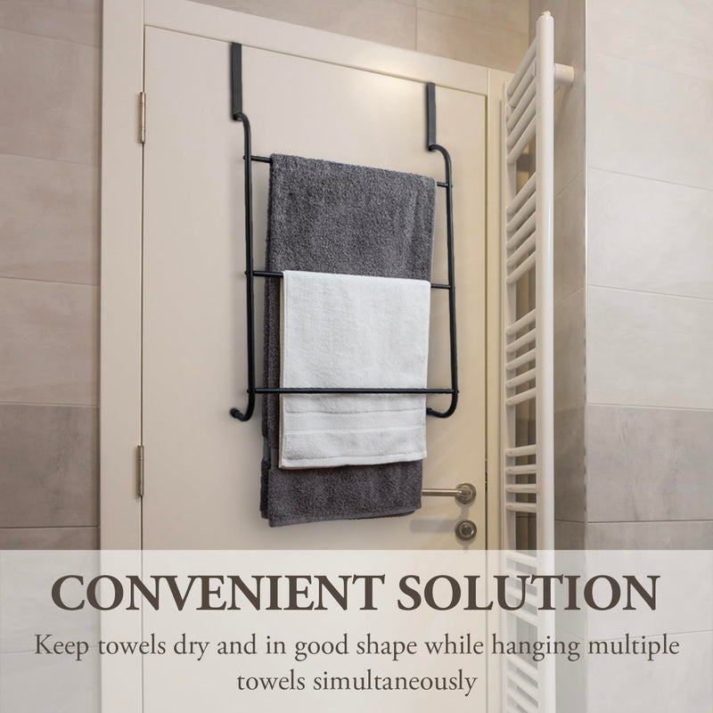 MyGift Over the Door Towel Rack, 3 Tier Modern Triple Towel Holder, Space Saving Bathroom/Laundry Room Clothes Drying Rack, Over Cabinet Towel Bar Hanger, Matte Black Metal Metal Black