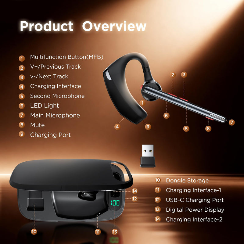 Bluetooth Headset V5.3, Wireless Headset with Dual Noise-Canceling Mics, Portable Charging Case, 300H Standby Time, Hands Free Headphones for PC/Cell Phones, Trucker/Office/Work Black