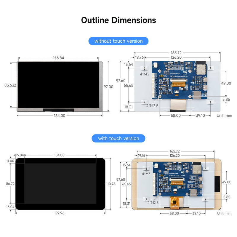 Waveshare ESP32-S3 7inch LCD Development Board, ESP32 with Display, 1024×600, 32-bit LX7 Dual-core Processor, 240MHz Frequency, Supports WiFi & Bluetooth, with Onboard Antenna, No Touch Function