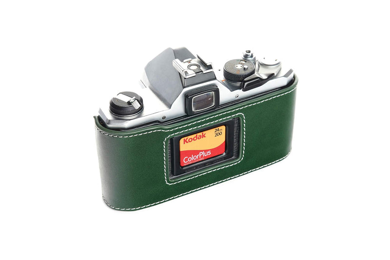 Pentax MX ME Case, BolinUS Handmade Genuine Real Leather Half Camera Case Bag Cover for Pentax MX ME Camera with Hand Strap (Green) Green
