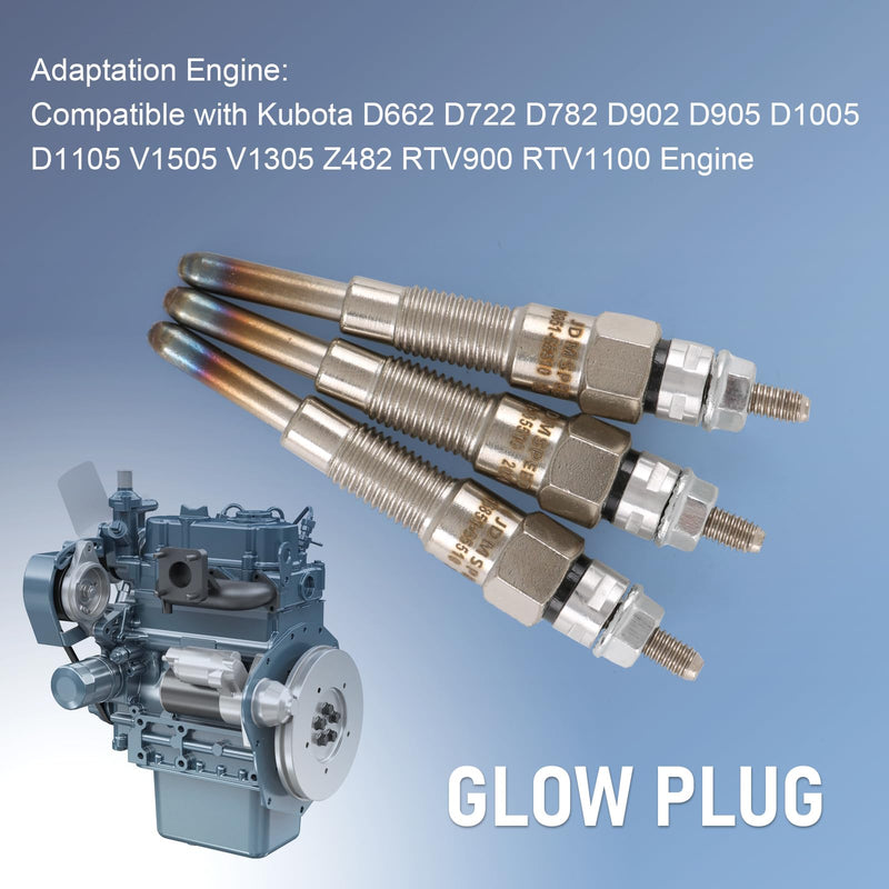 16851-65510 Glow Plug 3PCS Compatible with Kubota D662 D722 D782 D902 D905 D1005 D1105 V1505 V1305 Z482 RTV900 RTV1100 Engine, Replace 16851-65512