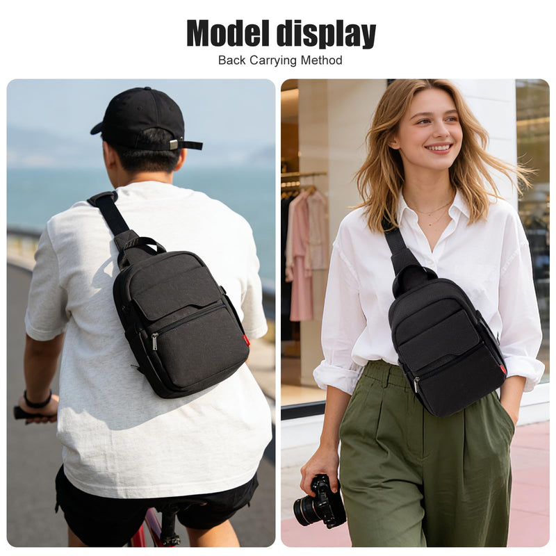 Cwatcun Large Camera Sling Bag, Crossbody Chest Bag with Tripod Holder | Fits 1body+2lenses +9.7"iPad +6.7"phone.Travel Photography Bag for Canon, Nikon, Sony, Fuji DSLR/SLR/Mirrorless Cameras, Lens Black
