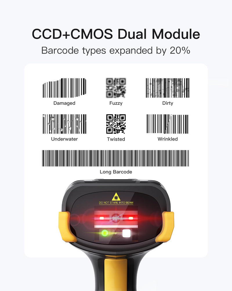 Inateck Bluetooth Barcode Scanner, 2D 1D Wireless Handheld Scanner, QR Code Scanner, Equipped with a Smart Base, CMOS+CCD Dual modules, Larger scanning Range, Supports app SDK