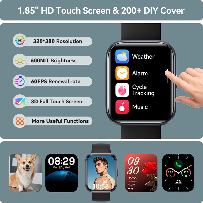 Smart Watch for Men Women, 1.85" Smart Watches Compatible iPhone/Samsung/Android (Answer/Make), Fitness Tracker with Heart Rate/Sleep/SpO2 Monitor, Smartwatch 3ATM Waterproof 120+ Sport Modes, Alexa Black